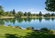 Peaceful park lake surrounded by green grass, mature trees, and landscaped shoreline under a clear blue sky.