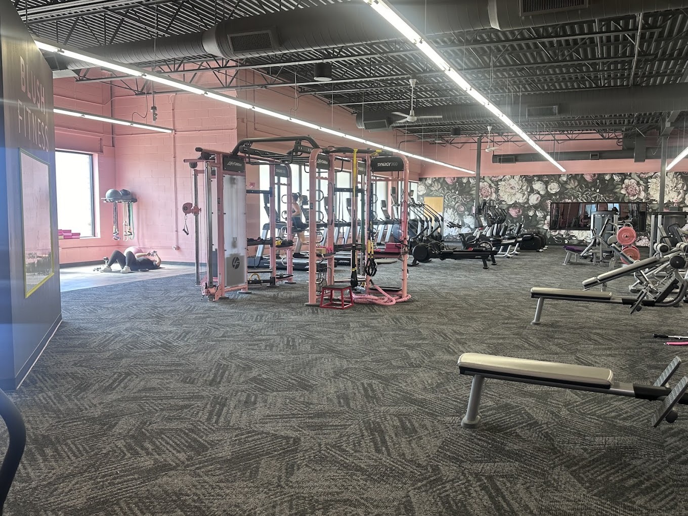 An large workout room with lots of workout equipment, pink walls and pink lifting machines.
