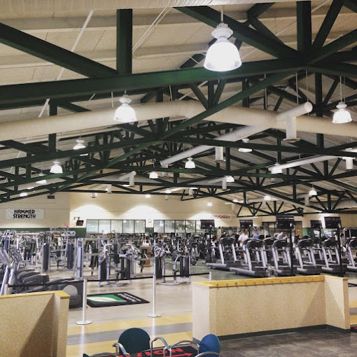 Gym equipment in a room with green and beige ceiling bars.