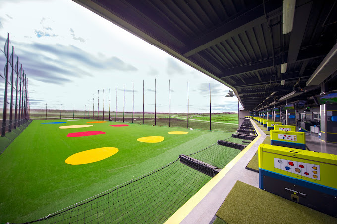 Golf area with row dividers and nets extending into the golfing arena. The golfing green has yellow, red, and blue circular patches, as well as a tall fence lining the edges.