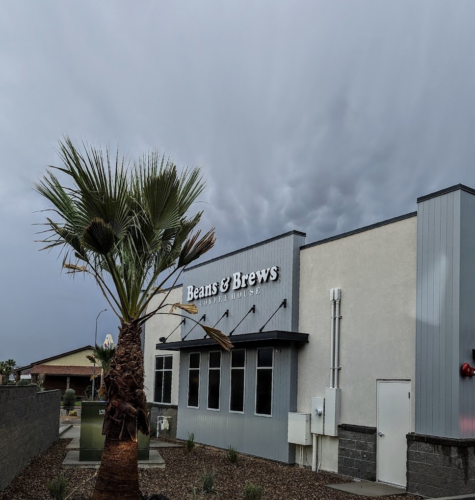 A white and grey building with a more sleek modern style, a palm tree out front of the store. A white sign reads "Beans and Brews"