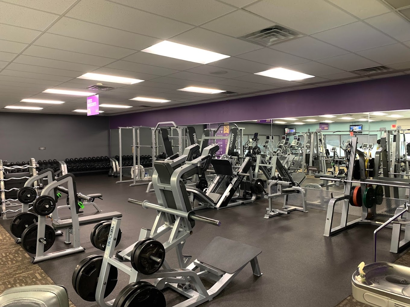 A view into a large workout equipment room with an abundance of work out equipment.